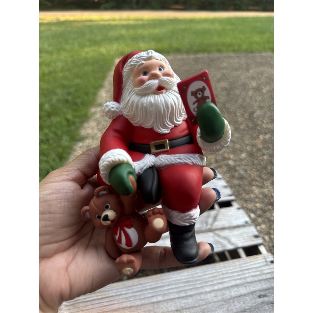 Retro 1980's Holiday Stocking Hanger SANTA WITH BEAR & BOOK Kmart Vintage